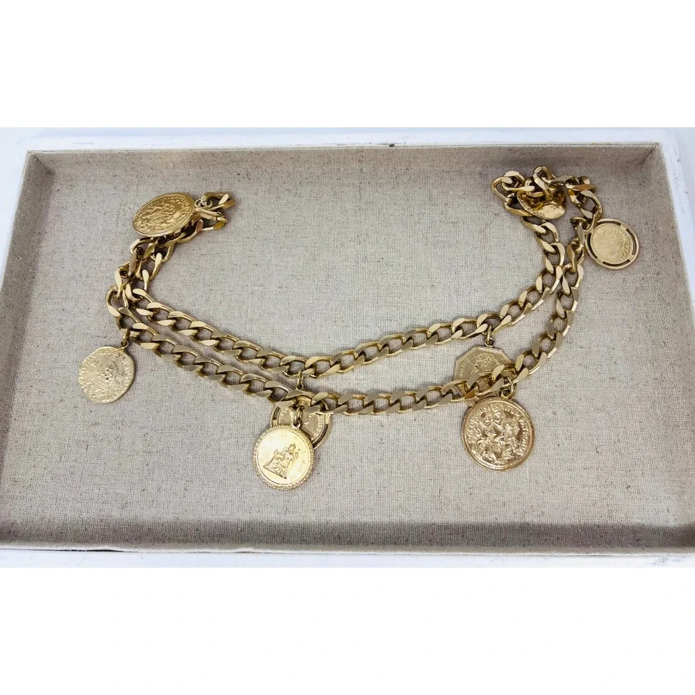Vintage Gold Tone Curb Chain Coin Belt Statement Medallion Charms Adjustable